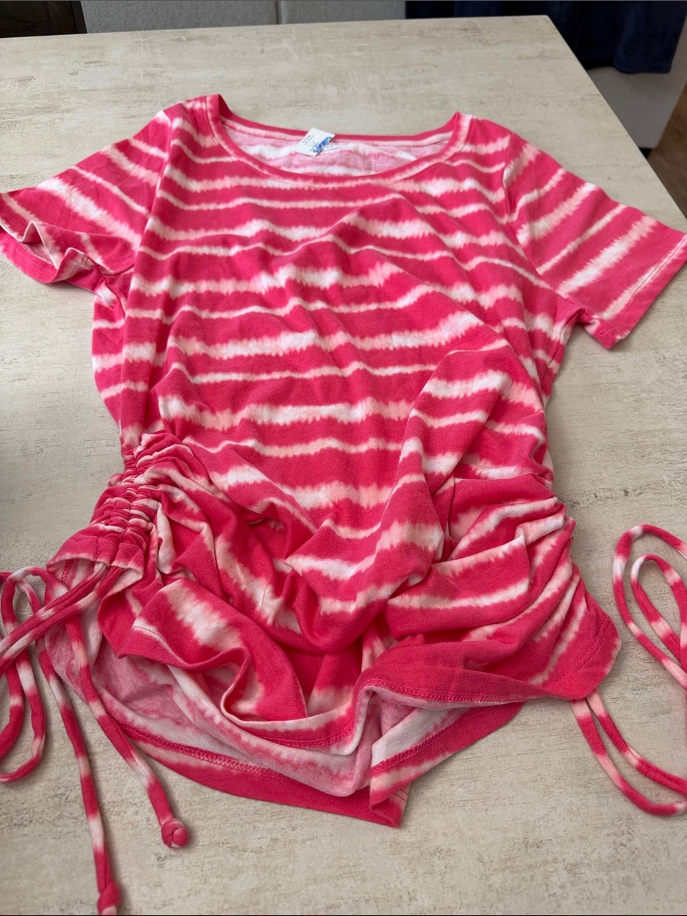 Lane Bryant Pink and Cream Striped Short-Sleeve Ruched Side Top. 10/12